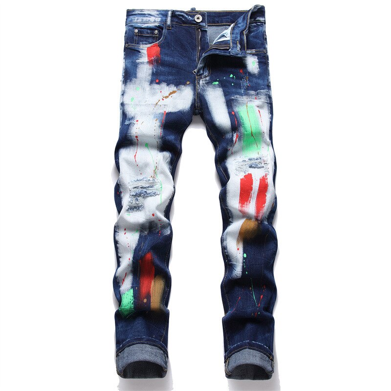 Men&s jeans ripped paint ground white small feet tight mid-waist men&s personality fashion simple jeans